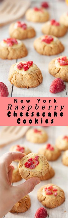 Easy New York Raspberry Cheesecake Cookies recipe perfect for Christmas, Valentine's Day, Easter dessery, Mother's Day dessert, or any holiday dessert! Your favorite dessert made into perfectly balanced sweet and tart cookies with fresh raspberries or other fruit on top!