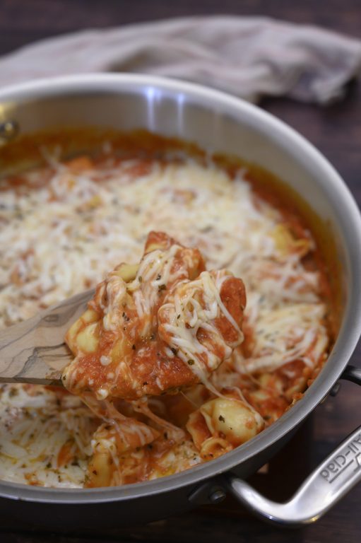 One Pot Cheesy Tortellini Skillet is an easy Italian dinner idea made all in one pan for easy cleanup and delicious tasting Italian food the whole family will devour!