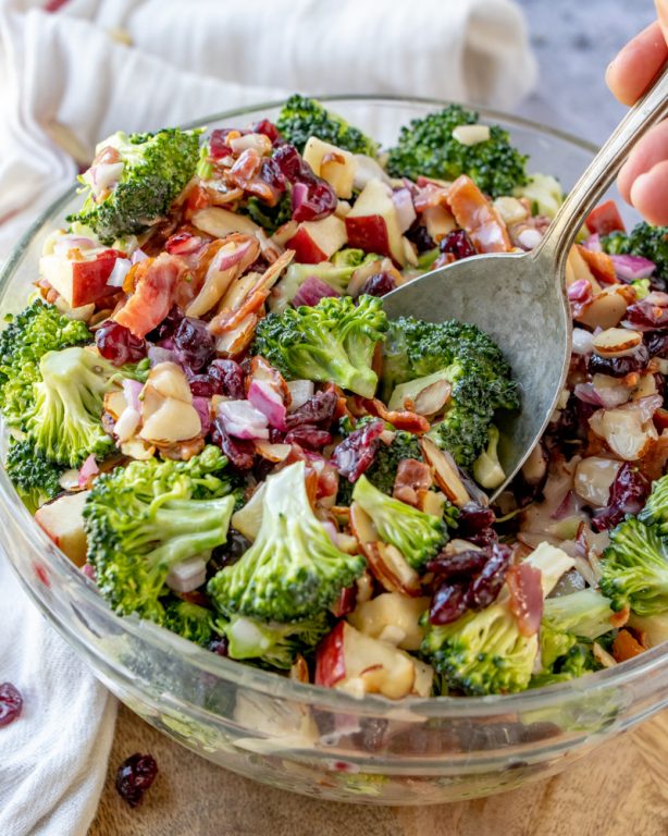 Bacon and Apple Broccoli Salad is the perfect potluck or summer picnic side dish loaded with bacon, almonds, and sweet apples! You can prep this side dish salad with the homemade dressing in less than 20 minutes.