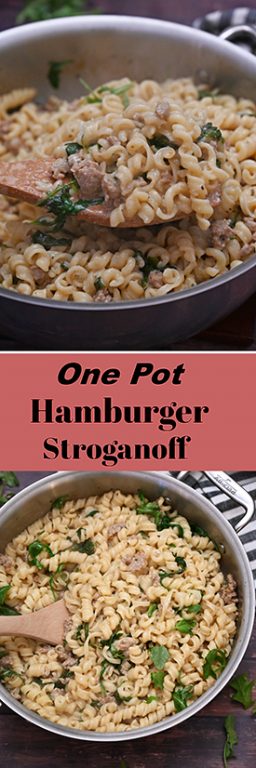 Creamy One Pot Hamburger Stroganoff recipe is an easy weeknight meal with ground beef, veggies and pasta that is on the family table in less than 30 minutes total!