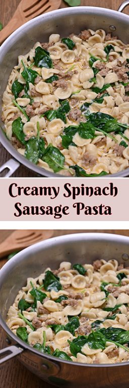 Creamy Spinach Sausage Pasta is an easy pasta dish recipe (only 30 minutes start to finish): pasta and seasoned Italian sausage tossed in a simple, light cream sauce making it the perfect family weeknight meal!