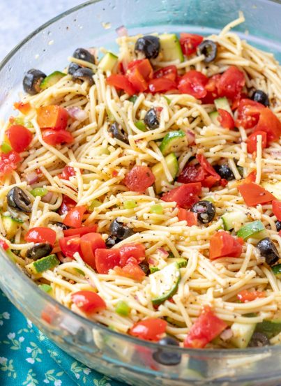 If you need an easy side dish, California Spaghetti Salad has diverse textures & is a great summer salad recipe that tastes even better the next day!