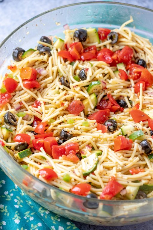If you need an easy side dish, California Spaghetti Salad has diverse textures & is a great summer salad recipe that tastes even better the next day!