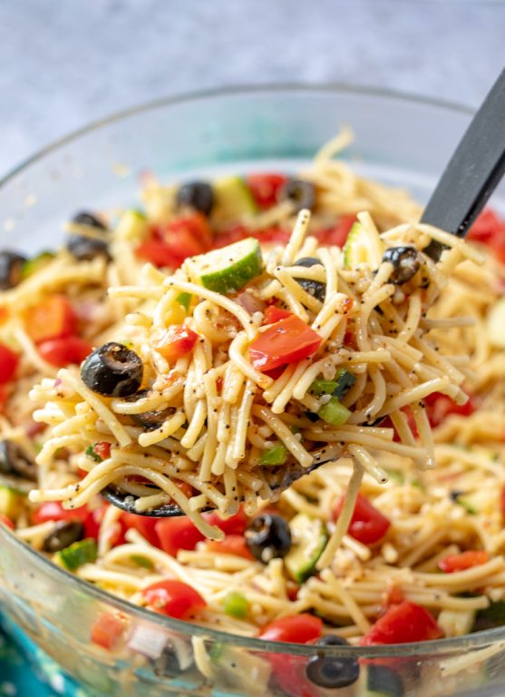 Holiday, Potluck or picnic easy side dish, California Spaghetti Salad has diverse textures & is a great summer salad recipe that tastes even better the next day!