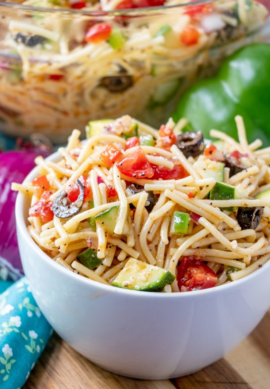 Holiday, Potluck or picnic easy side dish idea, California Spaghetti Salad has diverse textures & is a great summer salad recipe that tastes even better the next day!