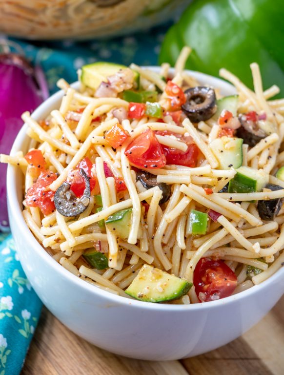 Labor Day, Memorial Day, 4th of July, Potluck or picnic easy side dish, California Spaghetti Salad has diverse textures & is a great summer salad recipe that tastes even better the next day!