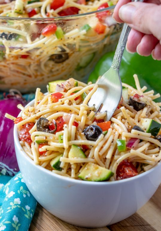 4th of July, Potluck or picnic easy side dish, California Spaghetti Salad has diverse textures & is a great summer salad recipe that tastes even better the next day!