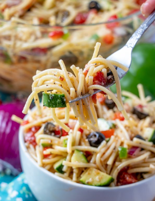 If you need an easy side dish with fresh veggies, California Spaghetti Salad has diverse textures & is a great summer salad recipe that tastes even better the next day!