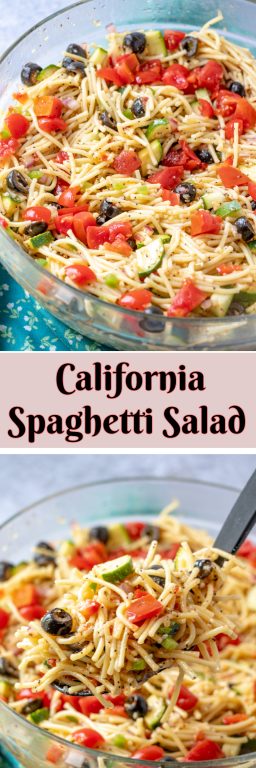 If you need an easy side dish for a picnic, potluck or 4th of July, with pasta & zucchini, California Spaghetti Salad has diverse textures & is a great summer salad recipe that tastes even better the next day!