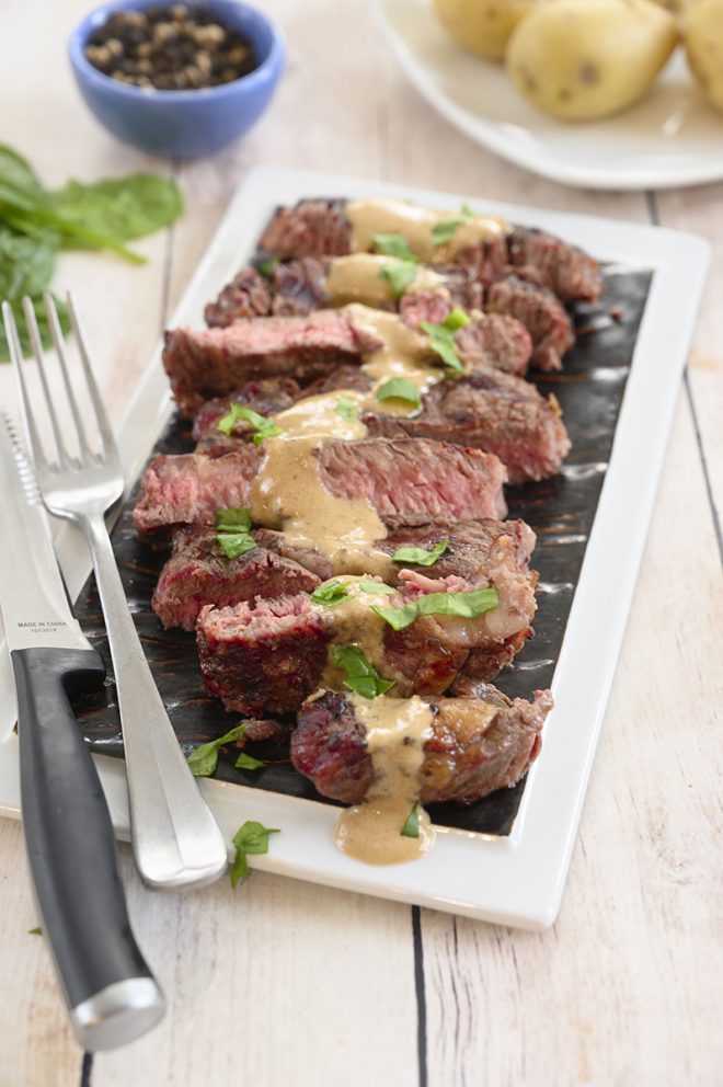 Grilled Ribeye Steak with Onion Blue Cheese Sauce | Wishes and Dishes