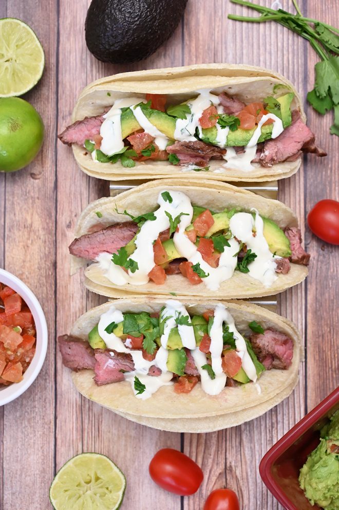 Grilled Flank Steak Tacos With Cilantro Lime Crema | Wishes And Dishes