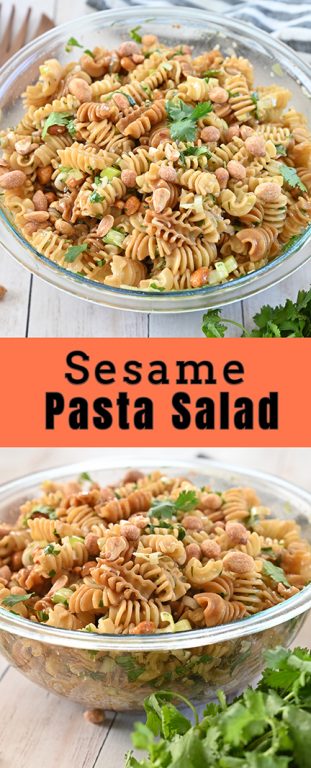 Delicious Sesame Pasta Salad recipe: pasta tossed in a sesame oil and soy sauce-based dressing is a refreshing, Asian-inspired side dish perfect for holidays, picnics, BBQ, or potlucks!