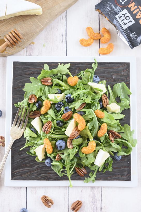 This is an easy salad recipe: Blueberry-Brie Pecan Salad with Protein Puff Croutons. The protein puffs and candied pecans add so much crunch and flavor!