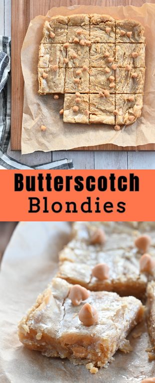 Very chewy homemade Butterscotch Blondies (AKA blonde brownies) with a hint of nuttiness from the browned butter and hints of butterscotch. Such an easy dessert recipe when you're in a pinch!