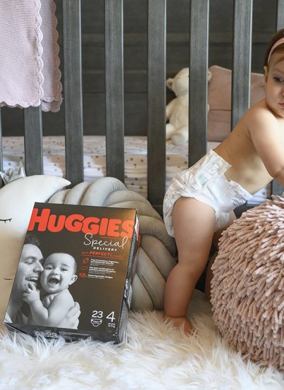 Eliza in Huggies special delivery diapers.