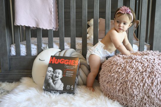 Eliza in Huggies special delivery diapers.