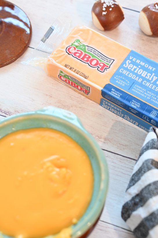 Cabot Seriously Sharp yellow Cheddar cheese used in fondue dip.