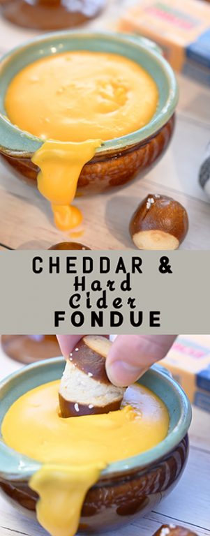 Cheddar Hard Cider Fondue recipe perfect for party appetizers, game day, or intimate dinners. Choose your favorite selection of dippers and see how delicious and easy this is!