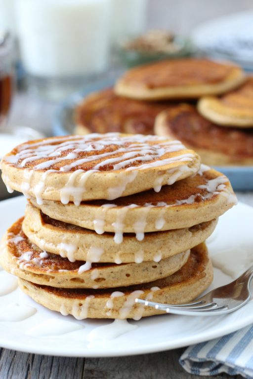 Pumpkin Cinnamon Roll Pancakes Wishes and Dishes
