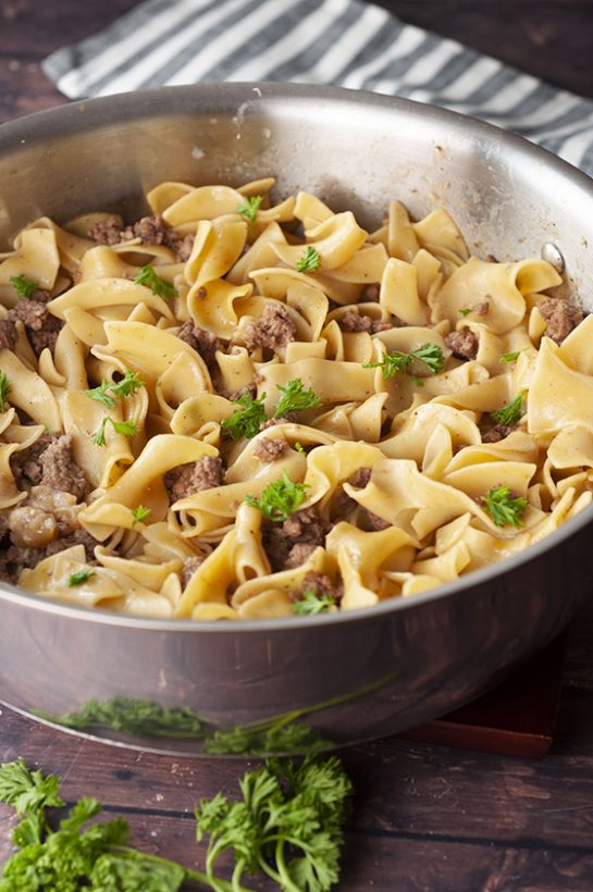 Ground Turkey Stroganoff recipe that is very fast and simple to make with an easy homemade gravy sauce instead of using canned cream of mushroom soup!