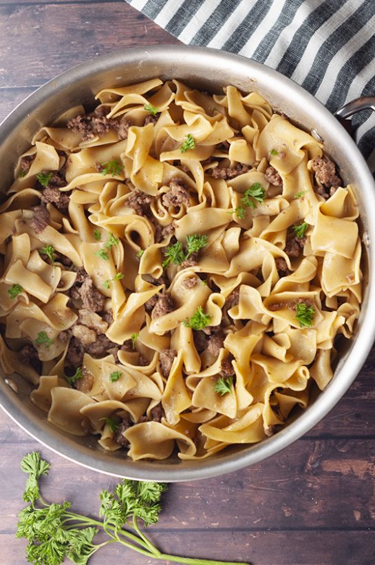 Ground Turkey Stroganoff recipe that is very fast and simple to make with an easy homemade sauce instead of using cream of mushroom soup!