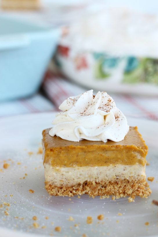 An individual pumpkin cream cheese bar on a plate with a dollop of whipped cream on top.