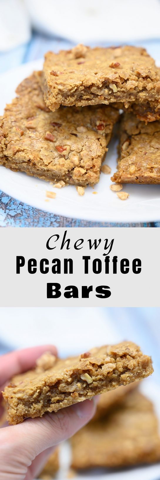 This recipe for Pecan Toffee Bars would be fabulous on any dessert platter for the holidays or any occasion. They also make for an awesome edible gift!