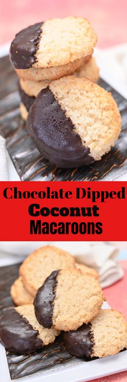 Chocolate Dipped Coconut Macaroons have a sweet and chewy texture, dipped in sweet melted chocolate for the ultimate holiday dessert experience. This recipe is so easy to make for Christmas!