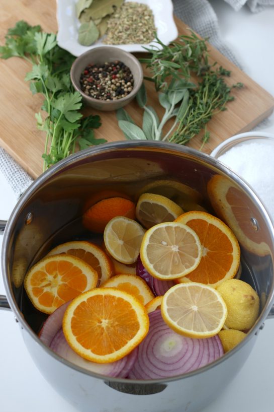 Here we see the beginning of a recipe for turkey brine. It's the first step in learning how to brine a turkey! 