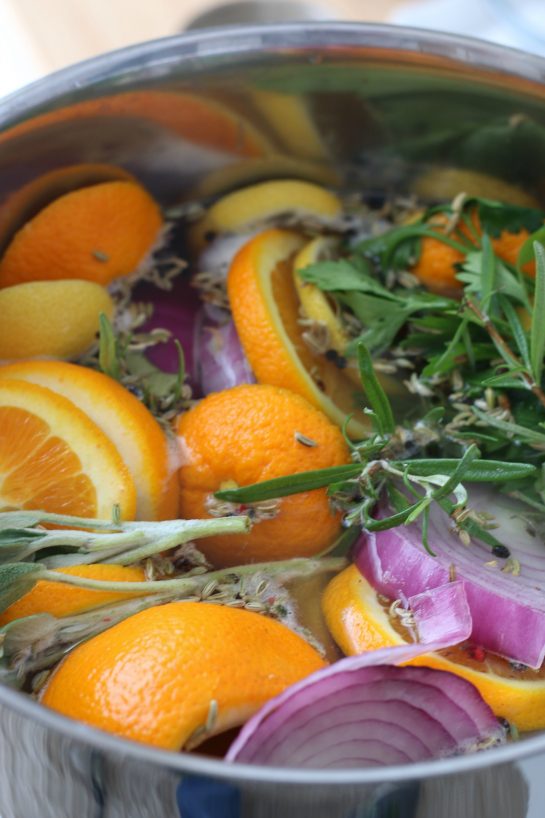 Now the water is added to the recipe for turkey brine and the ingredients are mixed together before we begin brining a turkey. 