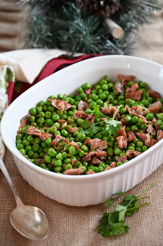 Peas with Prosciutto recipe is the best 20 minute side dish for a weeknight meal or a holiday feast! Peas are richly flavored by salty prosciutto as well as the pork's rendered fat. Delicious!
