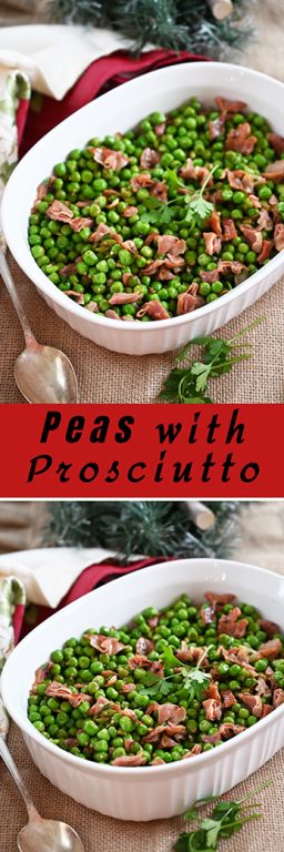 Peas with Prosciutto recipe is the best 20 minute side dish for a weeknight meal or a holiday feast! Peas are richly flavored by salty prosciutto as well as the pork's rendered fat. Delicious and easy!
