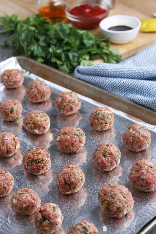 The homemade meatballs are formed and ready to be baked!
