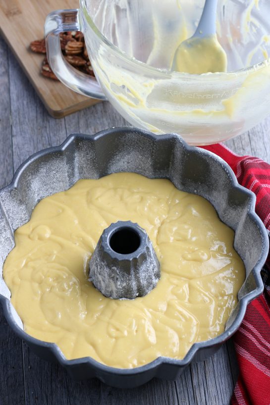 This gorgeous bundt pan is ready for the oven so our rum cake can be baked.