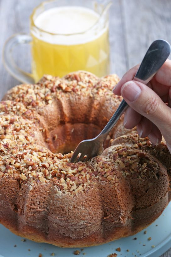 We have to prepare the rum cake for the rum cake glaze to soak into it!