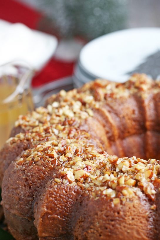 A close up shot of the finished rum cake with a rum cake glaze!