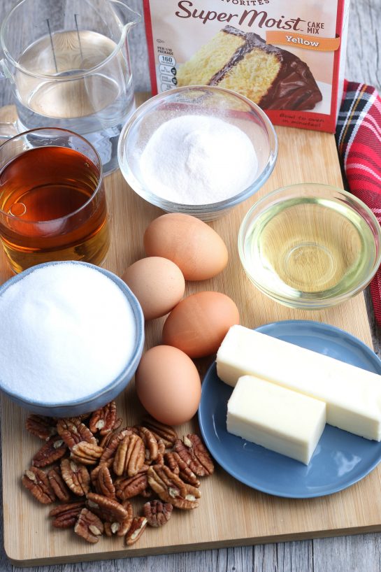 All the ingredients needed to make rum soaked cake before we begin baking.