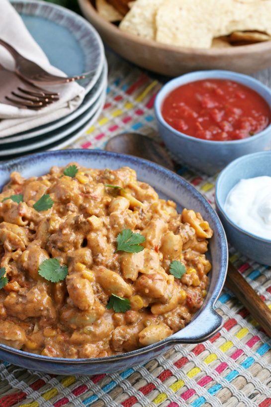 A view of the finished taco pasta in a bowl ready to be enjoyed.