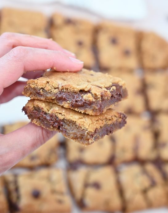 Easy Chewy Chocolate Chip Cookie Bars is a dessert recipe made without a mixer or chilling the dough! 