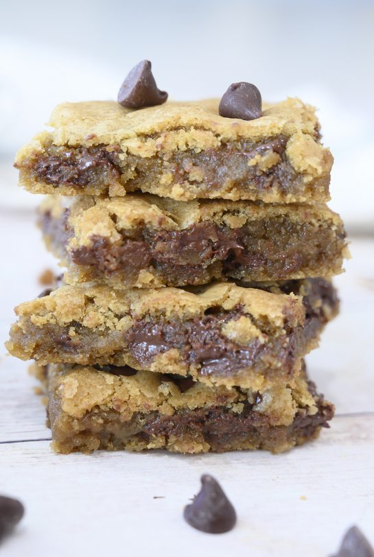 Chewy Chocolate Chip Cookie Bars without a mixer or chilling dough are a staple in my kitchen and once you make them, everyone asks for the recipe. They are a delicious, easy dessert recipe!