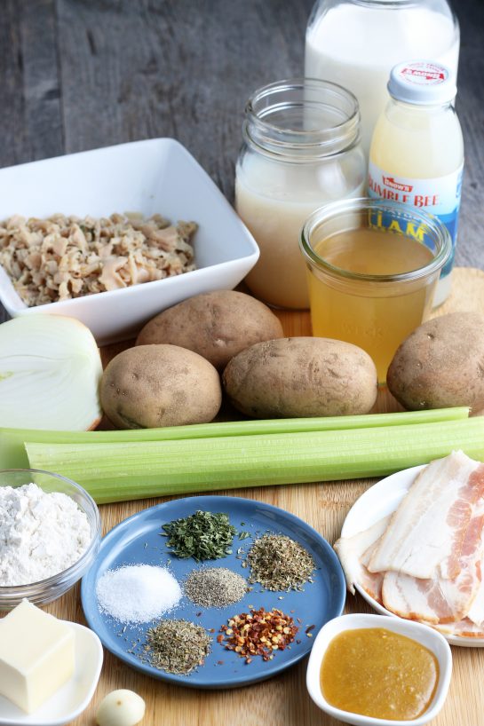 These are all the ingredients needed to make a delicious clam chowder.