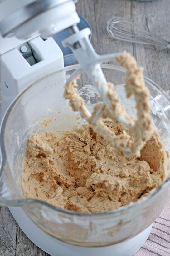 A view into the mixer as the batter for our linzer tart cookies is created.