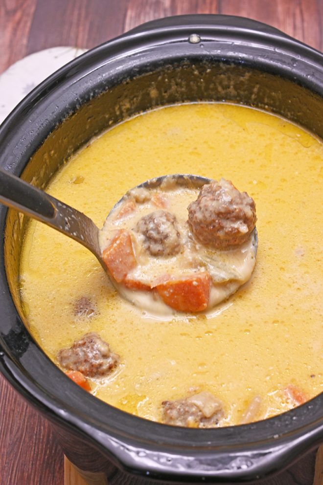 Slow Cooker Cheesy Meatball Soup Wishes and Dishes