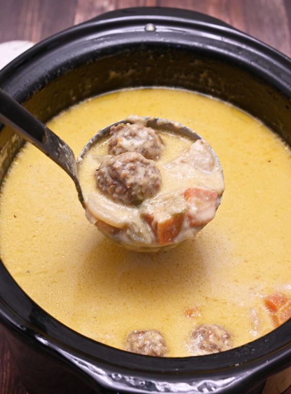Slow Cooker Cheesy Meatball Soup Wishes and Dishes