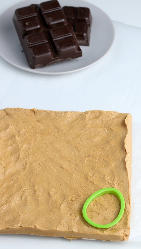 You can use whatever shape cookie cutter you want, these are peanut butter eggs for Easter!