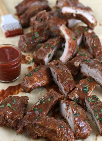 Here the bbq ribs are cut into individual pieces so they can be easily enjoyed.