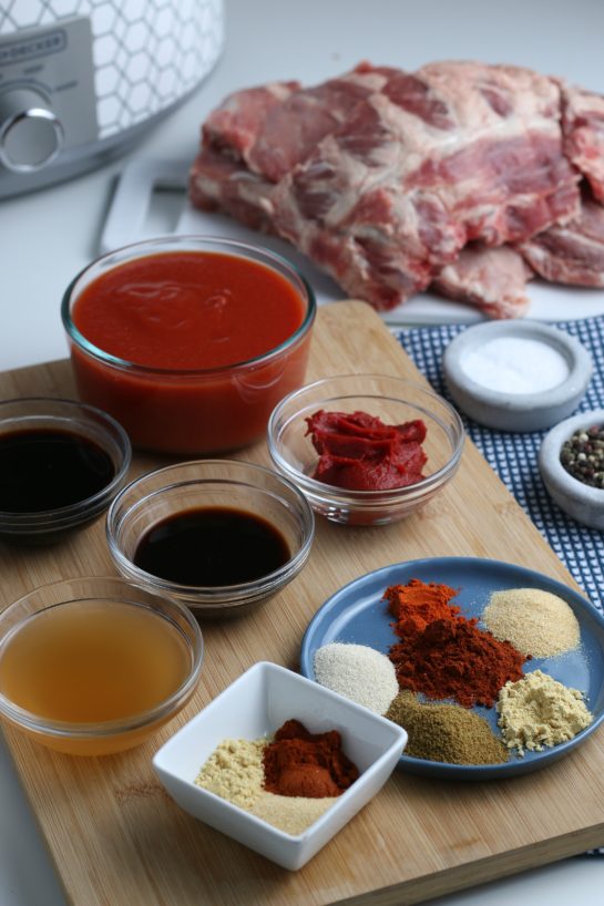 These are all the ingredients needed to make homemade slow cooker ribs.