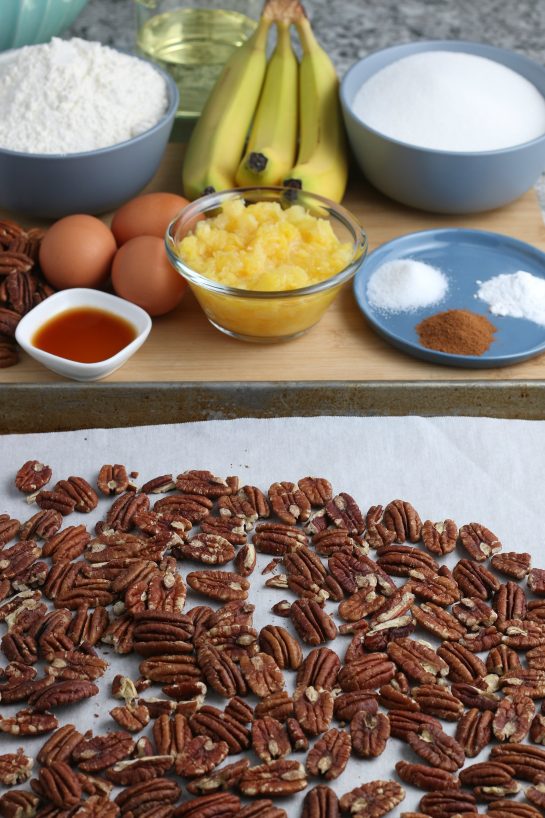 Toasting the pecans for the Homemade Hummingbird Cake