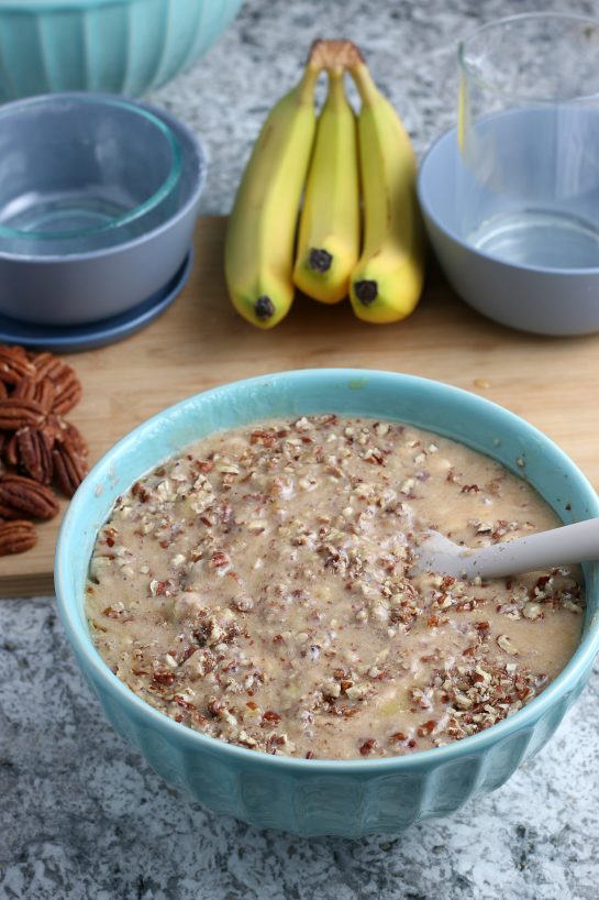 Mixing in the pecans for the Homemade Hummingbird Cake recipe