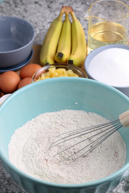 Mixing up the dry ingredients for the Homemade Hummingbird Cake recipe